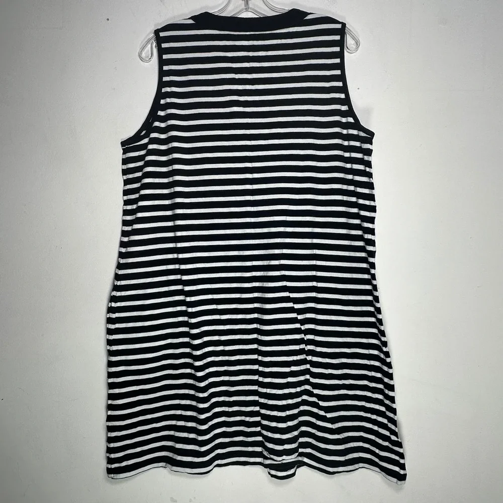 Lands End Black White Striped Sleeveless Split V-Neck Cotton Shift‎ Dress L